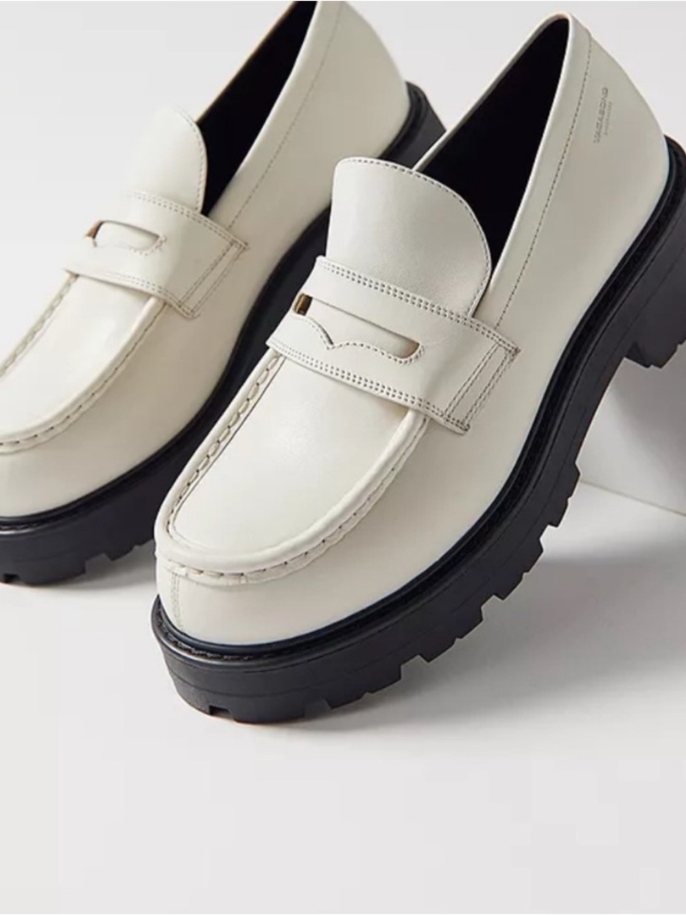 Vagabond White Leather Penny Loafers with Black Lug Sole